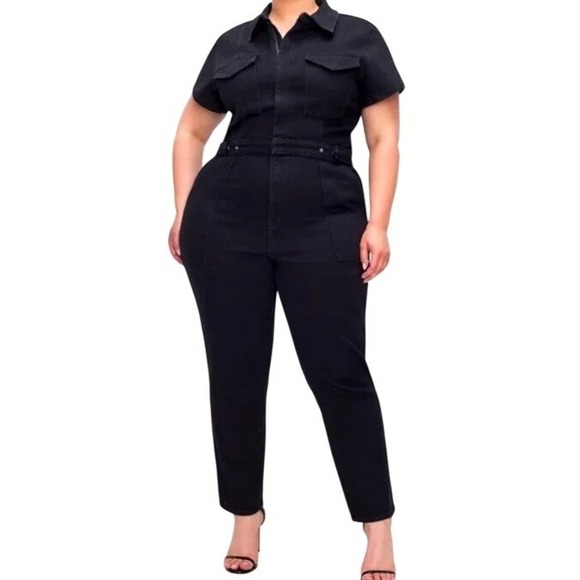 Good American Pants - Good American Fit For Success Short Sleeve Denim Jumpsuit Black 2XL NEW